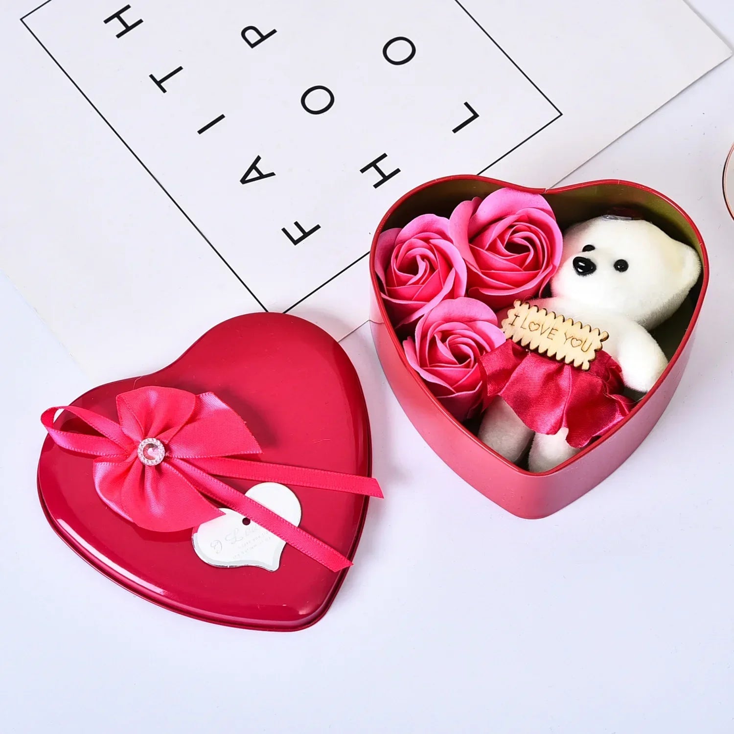 Heart-Shaped Gift Box with Teddy Bear & Faux Roses – A Sweet Surprise for Any Occasion